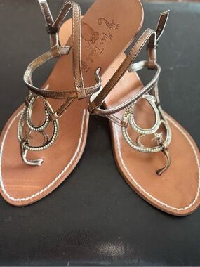Italian Women's Metallic Bronze T-Strap Sandals